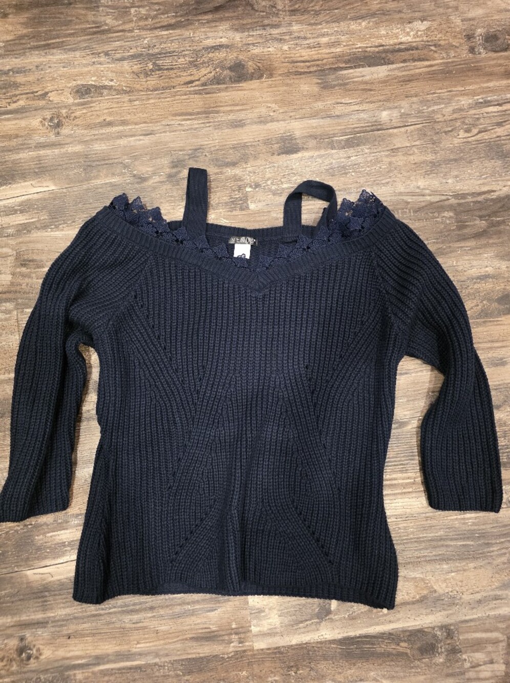 Women's Navy Lace Trim Knit Sweater - VENUS
